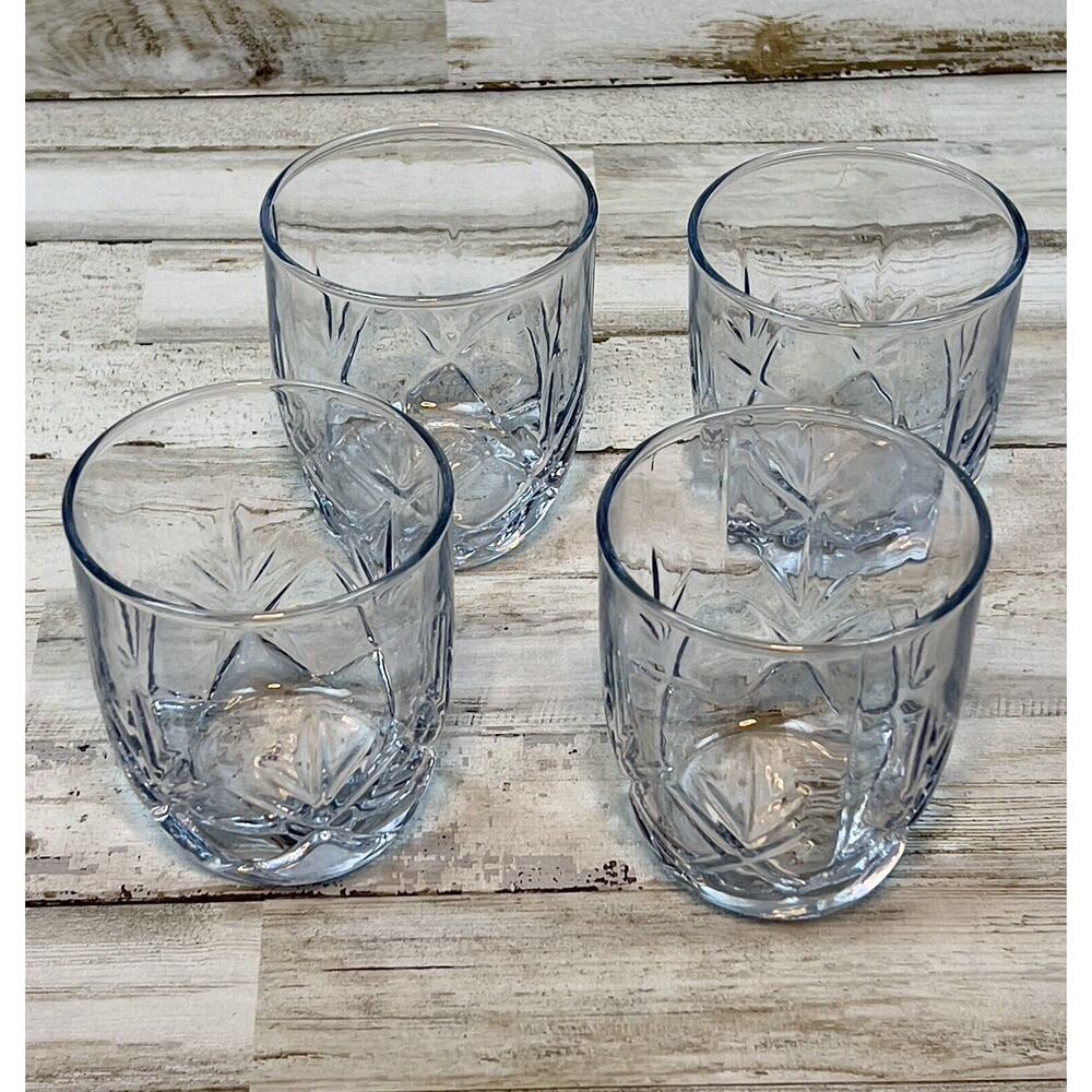 Vintage Blue Tinted Lowball Glasses Set of 4 Starburst Rocks Whiskey Tumblers